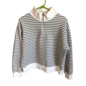 J Crew sweatshirt womens SZ Medium gray white striped pullover 1/4 zip